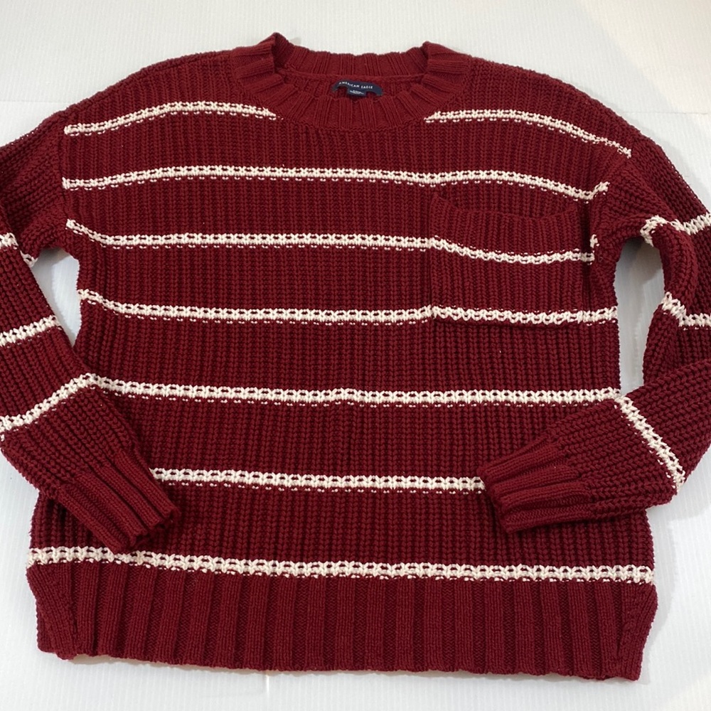 American Eagle Crew Neck Dolman Sleeve Pocket Striped Sweater